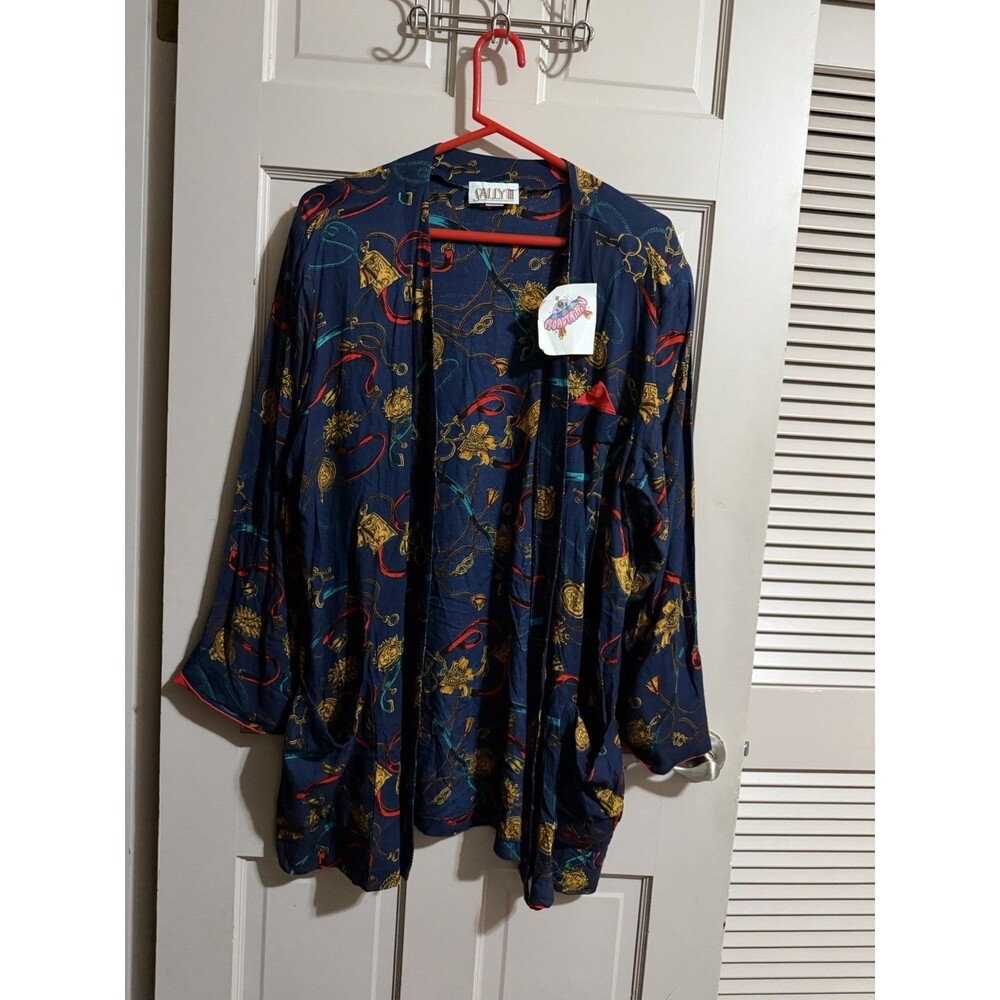 Women’s Vintage Sally Size 20 Open Cardigan Navy Blue Shoulder Pads With Pockets